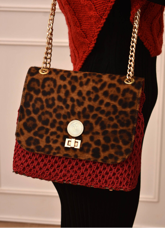 Handgemachte Gestrickte Ledertasche Rot-Animal Print