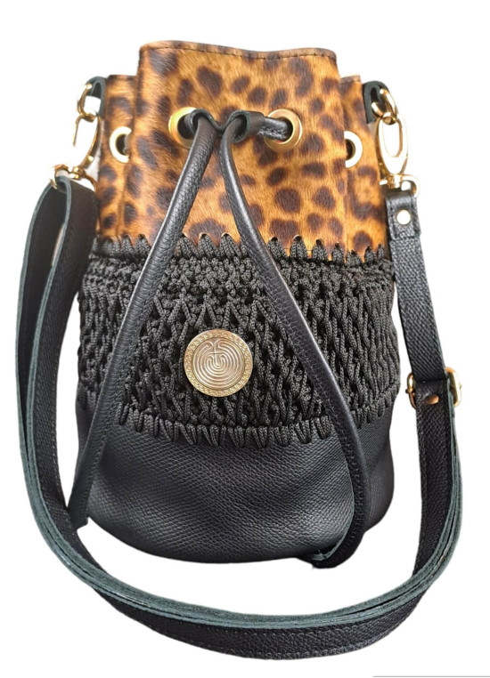 Handgemachte Leder - Gestrickte Tasche Beutel in Animal-Print und Schwarz 