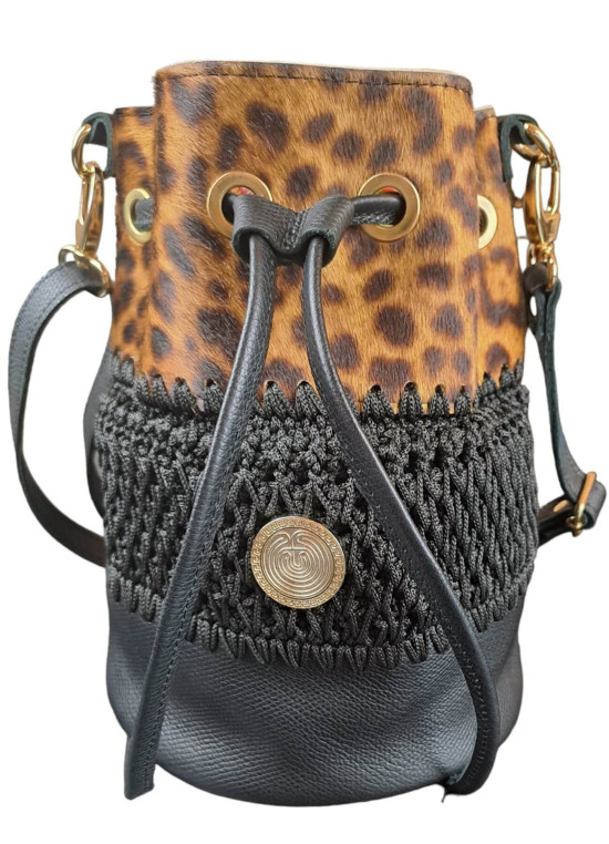 Handgemachte Leder - Gestrickte Tasche Beutel in Animal-Print und Schwarz 