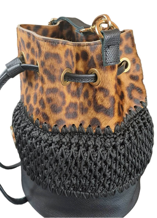 Handgemachte Leder - Gestrickte Tasche Beutel in Animal-Print und Schwarz 