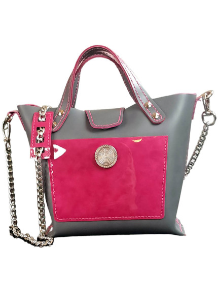 Handgemachte Tasche aus echtem Leder in Grau und Rosa