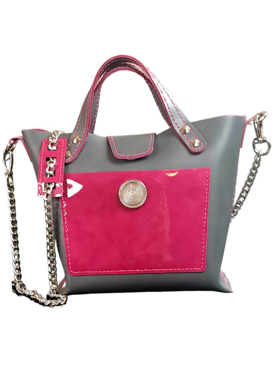 Handgemachte Tasche aus echtem Leder in Grau und Rosa