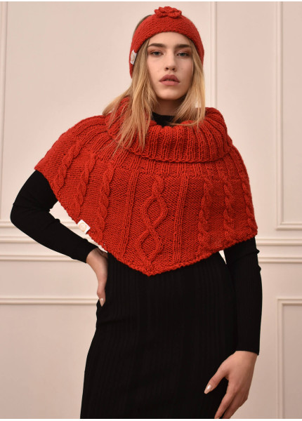 Roter Poncho mit Zopfmuster & Band mit Blume Set