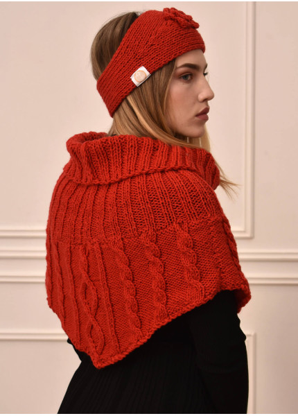 Roter Poncho mit Zopfmuster & Band mit Blume Set